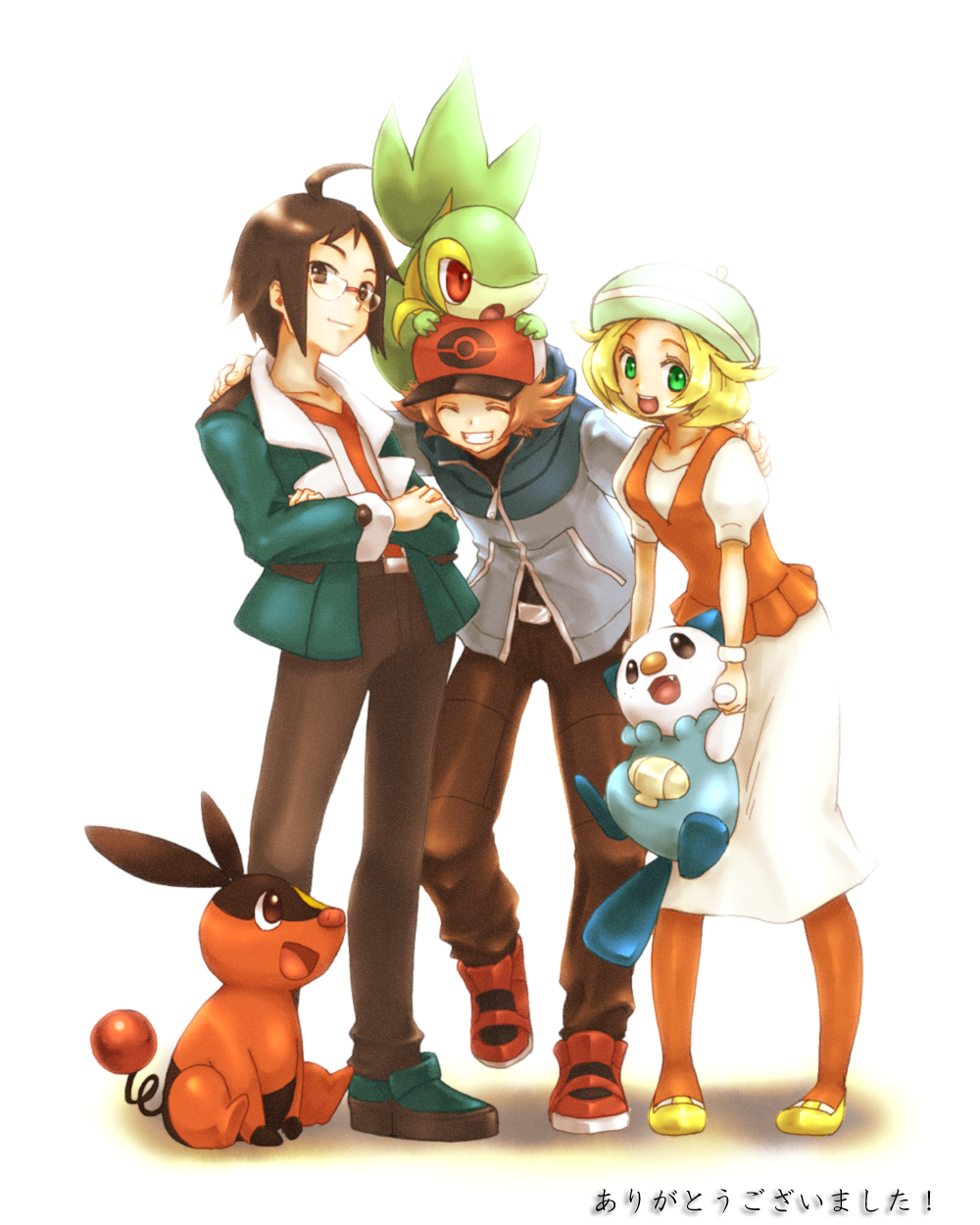 10s 1girl 2boys ahoge baseball_cap beret bianca_(pokemon) black_hair blonde_hair brown_eyes brown_hair cheren_(pokemon) closed_eyes gen_5_pokemon glasses green_eyes grin hat highres hilbert_(pokemon) jacket mariemon multiple_boys nintendo orange_pantyhose oshawott pantyhose pokemon pokemon_(creature) pokemon_bw short_hair skirt smile snivy starter_pokemon_trio tepig white_skirt