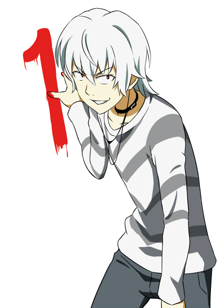 1boy accelerator_(toaru_majutsu_no_index) albino bell black_choker blood blood_on_hands choker collarbone commentary_request cowbell diagonal-striped_clothes diagonal-striped_shirt electrodes evil_grin evil_smile grey_pants grey_shirt grin hair_between_eyes hand_up jack-barro long_bangs long_sleeves looking_at_viewer male_focus medium_hair pants red_eyes shirt sidelocks simple_background smile solo striped_clothes striped_shirt teeth toaru_majutsu_no_index two-tone_shirt v-shaped_eyebrows white_background white_hair white_shirt