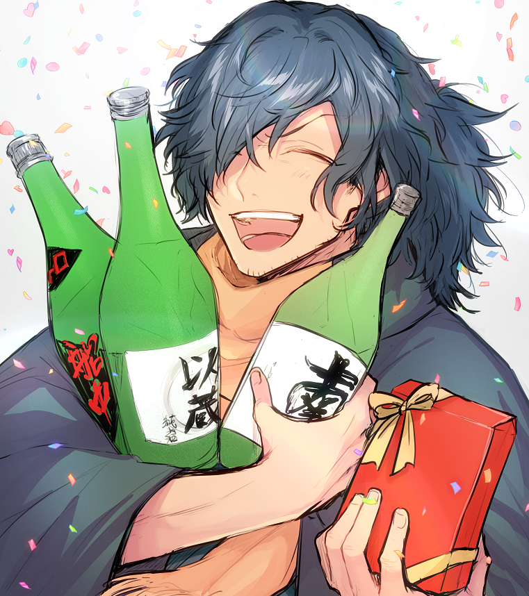 1boy black_hair black_haori bottle closed_eyes commentary confetti dragon_uppercut facial_hair facing_ahead fate/grand_order fate/type_redline fate_(series) gift goatee_stubble hair_over_one_eye hands_up haori holding holding_bottle holding_gift koha-ace light_blush long_sleeves male_focus medium_hair okada_izou_(fate) one_eye_covered open_mouth orange_scarf ponytail sake_bottle scarf smile solo stubble symbol-only_commentary teeth white_background wide_sleeves yuta_arata