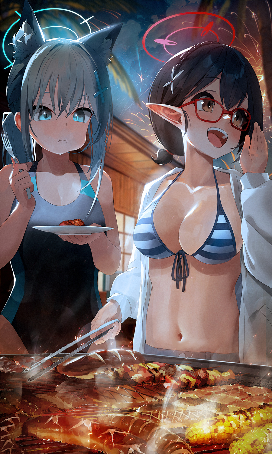 2girls animal_ear_fluff animal_ears ayane_(blue_archive) ayane_(swimsuit)_(blue_archive) bikini black_hair blue_archive blue_eyes blush breasts cleavage competition_swimsuit cooking corn covered_navel cross_hair_ornament eating extra_ears fireworks food fork glasses grey_hair grilling hair_ornament halo highres holding holding_fork holding_plate holding_tongs large_breasts meat medium_breasts medium_hair mismatched_pupils mo_ne multicolored_clothes multiple_girls navel official_alternate_costume one-piece_swimsuit outdoors plate pointy_ears ponytail sausage shiroko_(blue_archive) shiroko_(swimsuit)_(blue_archive) short_hair skewer smoke stomach striped_bikini striped_clothes swimsuit tongs wolf_ears yellow_eyes