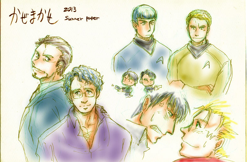 2013 avengers_(series) bruce_banner green_eyes james_tiberius_kirk looking_at_another male_focus marvel marvel_cinematic_universe nicholas_d._wolfwood pointy_ears purple_shirt shirt spock star_trek starfleet_uniform tagme the_avengers tony_stark trigun vash_the_stampede vulcan