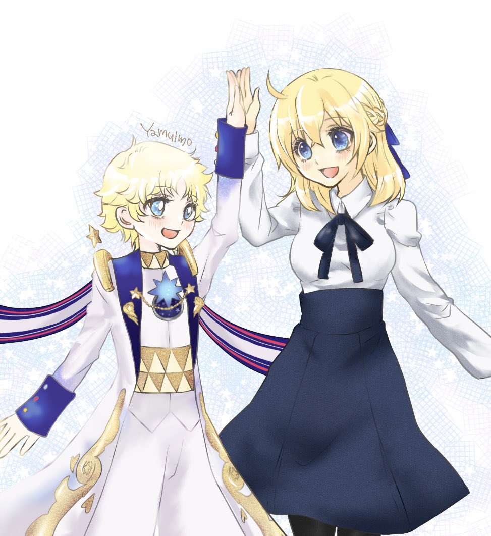 1boy 1girl alternate_hair_color artoria_pendragon_(fate) black_pantyhose blonde_hair blue_eyes blue_ribbon blue_sky blush braid coat collared_shirt cosplay fate/grand_order fate_(series) fujimaru_ritsuka_(female) fujimaru_ritsuka_(female)_(anniversary_blonde) hair_ribbon half_up_braid high-waist_skirt high_five long_sleeves looking_at_another neck_ribbon open_mouth pantyhose ribbon saber_(fate) saber_(fate)_(cosplay) shirt short_hair skirt sky smile voyager_(fate) voyager_(second_ascension)_(fate) white_background white_coat white_shirt yamuimo