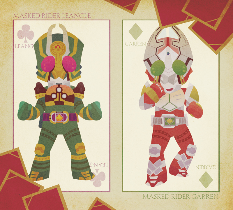 2boys belt drawing english_text full_body kamen_rider kamen_rider_blade_(series) kamen_rider_garren kamen_rider_leangle looking_at_viewer multiple_boys nekomaru_(noyado) nk_(pixiv405446) paper pink_eyes standing