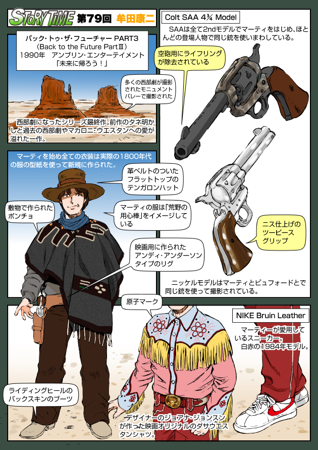 1boy atom back_to_the_future back_to_the_future_part_iii colt&#039;s_manufacturing_company colt_single_action_army cowboy_hat day desert english_text gun handgun hat holster japanese_text marty_mcfly muta_koji nike_(company) poncho revolver story_time_(muta_koji) translation_request weapon weapon_focus weapon_name weapon_profile