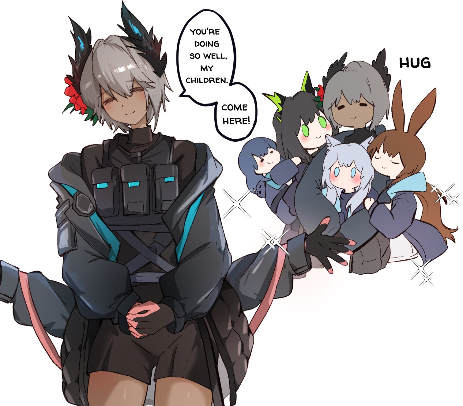 5girls ^_^ amiya_(arknights) animal_ears arknights arya_melati black_gloves black_hair blue_eyes blush brown_hair chibi closed_eyes closed_mouth commentary dark-skinned_female dark_skin doctor_(arknights) english_commentary english_text extra_arms facing_viewer female_doctor_(arknights) gloves green_eyes grey_hair hair_between_eyes highres hug long_hair long_sleeves mon3tr_(arknights) motherly multiple_girls own_hands_together pink_gloves raidian_(arknights) rosmontis_(arknights) short_hair simple_background smile sparkle speech_bubble white_background