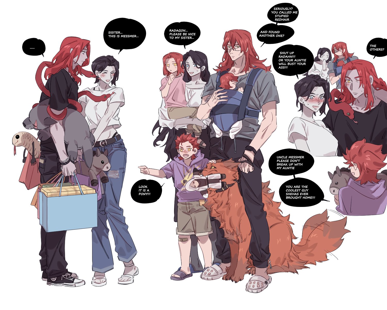 3boys 3girls bag blue_eyes blush carrying carrying_person child_carry collar crocs denim elden_ring elden_ring:_shadow_of_the_erdtree english_text glasses highres jeans long_hair lunar_princess_ranni messmer_the_impaler midriff multiple_boys multiple_girls nozakikotaro4 one_eye_closed pants praetor_rykard radagon_of_the_golden_order ranni_the_witch red_hair red_wolf_of_radagon rellana_twin_moon_knight rennala_queen_of_the_full_moon shoes shopping shopping_bag slippers snake sneakers speech_bubble starscourge_radahn stuffed_toy sweat white_background wolf