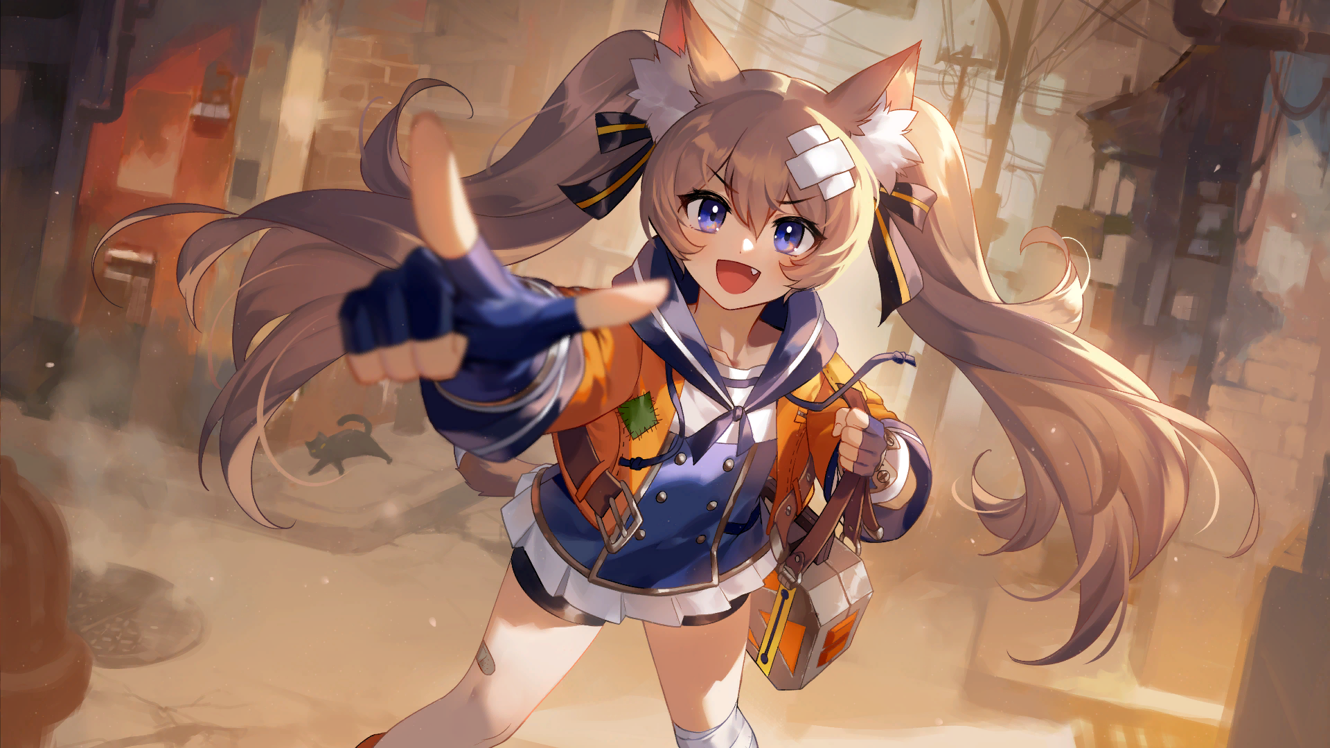 1girl :d animal_ear_fluff animal_ears artist_request blue_gloves brown_hair cat_ears cat_girl check_artist ein_lee fang fingerless_gloves game_cg gloves highres jacket long_hair non-web_source open_mouth orange_jacket pointing pointing_at_viewer purple_eyes smile solo tevi twintails vena_(tevi) very_long_hair
