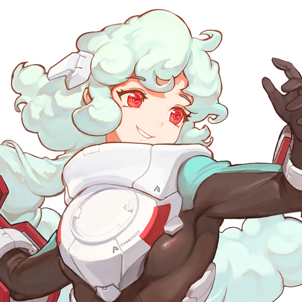1girl arm_guards at-4_pani bodysuit breasts cloud_hair curly_hair female_focus game_cg green_eyes hair_tuft head_ornament last_origin long_hair looking_afar medium_breasts official_art pani_(last_origin) red_eyes rorobomb sheep_girl skindentation smile teeth transparent_background upper_body