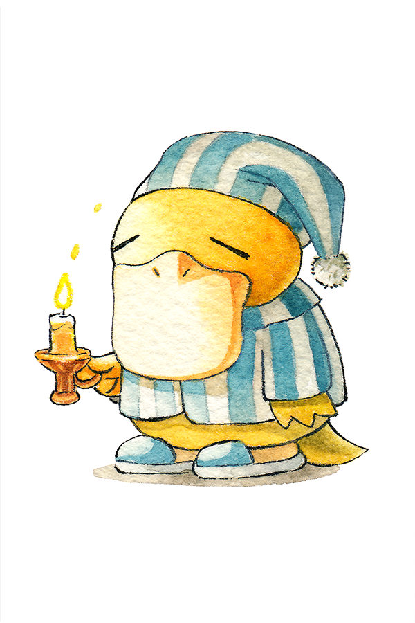 =_= blue_hat blue_pajamas blue_shirt blue_slippers candle candlestand closed_eyes commentary english_commentary fire gen_1_pokemon hand_up hat holding holding_candle nightcap nintendo no_humans oliver_hamlin painting_(medium) pajamas pokemon pokemon_(creature) pom_pom_(clothes) psyduck shadow shirt simple_background sleepy slippers solo standing striped_clothes striped_headwear striped_pajamas striped_shirt traditional_media two-tone_hat two-tone_shirt vertical-striped_clothes vertical-striped_headwear vertical-striped_pajamas vertical-striped_shirt watercolor_(medium) white_background white_hat white_shirt
