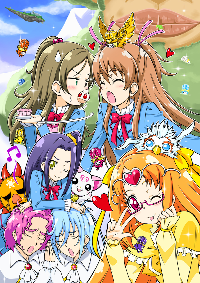 10s :p baritone baritone_(suite_precure) bassdrum beamed_quavers blue_hair blue_shirt blush bow brown_hair cat circlet closed_eyes crescendo_tone cupcake cure_muse cure_muse_(yellow) dodory dory facial_hair falsetto_(suite_precure) fary floating_island food frills giant glasses green_eyes green_facial_hair green_hair hair_ribbon heart houjou_hibiki hummy_(suite_precure) kurokawa_eren lary long_hair mask minamino_kanade miry multiple_boys multiple_girls music musical_note noise_(suite_precure) open_mouth orange_hair p-chan_(suite_precure) pink_hair precure purple_hair rery ribbon school_uniform seiren_(suite_precure) shirabe_ako shirt side_ponytail singing smile suite_precure sun_man tiry tongue tongue_out two_side_up v yellow_bow yellow_eyes yuuma_(skirthike)