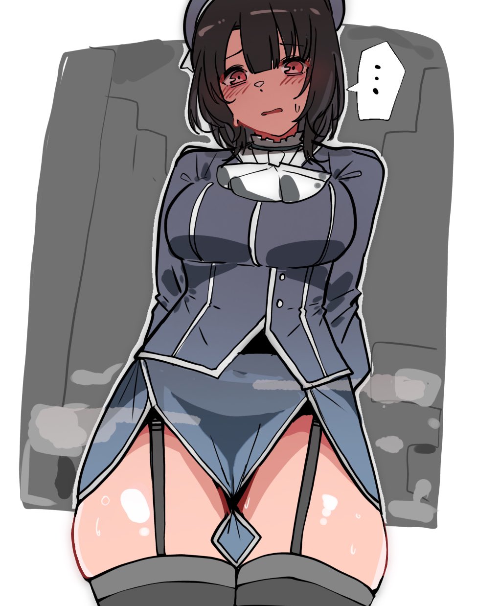 ... 1girl beret black_hair black_thighhighs blue_hat breasts commentary_request garter_straps hat highres kantai_collection kawamochi_(tddm3573) large_breasts looking_at_viewer military_uniform nervous_sweating red_eyes short_hair solo spoken_ellipsis sweat takao_(kancolle) thighhighs
