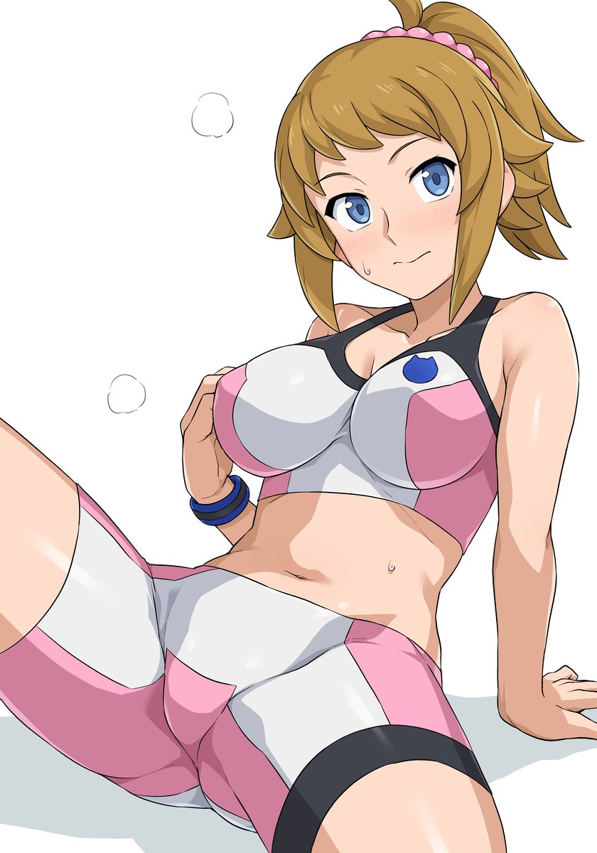 1girl ass bike_shorts blue_eyes breasts brown_hair female_focus gundam gundam_build_fighters gundam_build_fighters_try haruhisky highres hoshino_fumina large_breasts looking_at_viewer midriff navel ponytail scrunchie short_hair simple_background solo sports_bra spread_legs sweat two-tone_sports_bra white_background