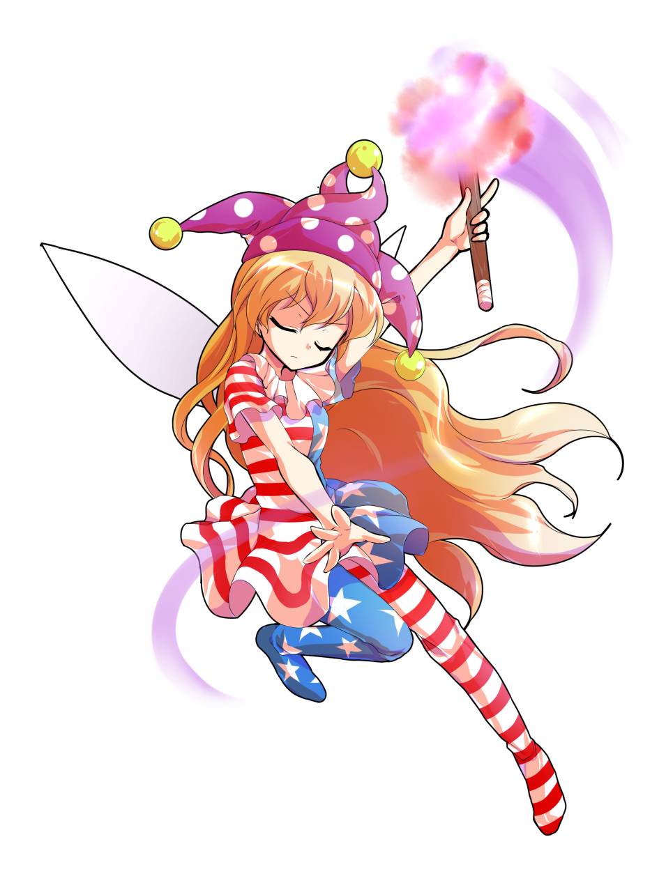 1girl american_flag american_flag_dress american_flag_legwear american_flag_print arm_up closed_eyes closed_mouth clownpiece commentary_request concentrating dairi double-parted_bangs fairy_wings flag_print floating_hair full_body hat highres holding holding_torch jester_cap long_hair looking_at_viewer motion_blur no_shoes orange_hair outstretched_arm pantyhose polka_dot_headwear purple_hat short_sleeves simple_background solo tachi-e torch touhou transparent_background v-shaped_eyebrows very_long_hair wavy_hair wings