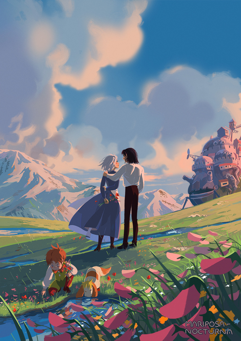 1girl 2boys black_hair blue_dress blue_sky cloud cloudy_sky couple day dog dress drinking flower grass heen hetero highres holding holding_flower howl_pendragon howl_no_ugoku_shiro mariposa_nocturna markl mountain multiple_boys scenery shadow short_hair sky sophie_hatter water white_hair wind