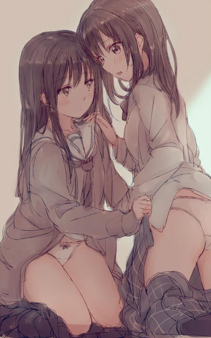 2girls ass bad_id bad_twitter_id blush bow bow_panties brown_eyes brown_hair cardigan clothes_pull embarrassed expressionless hand_on_another&#039;s_shoulder jitome kirisawa_saki kneeling long_hair looking_at_another multiple_girls neckerchief open_mouth original panties school_uniform serafuku sketch skirt skirt_around_knees skirt_pull unworn_skirt sweatdrop tareme underwear undressing upper_body white_panties yuri
