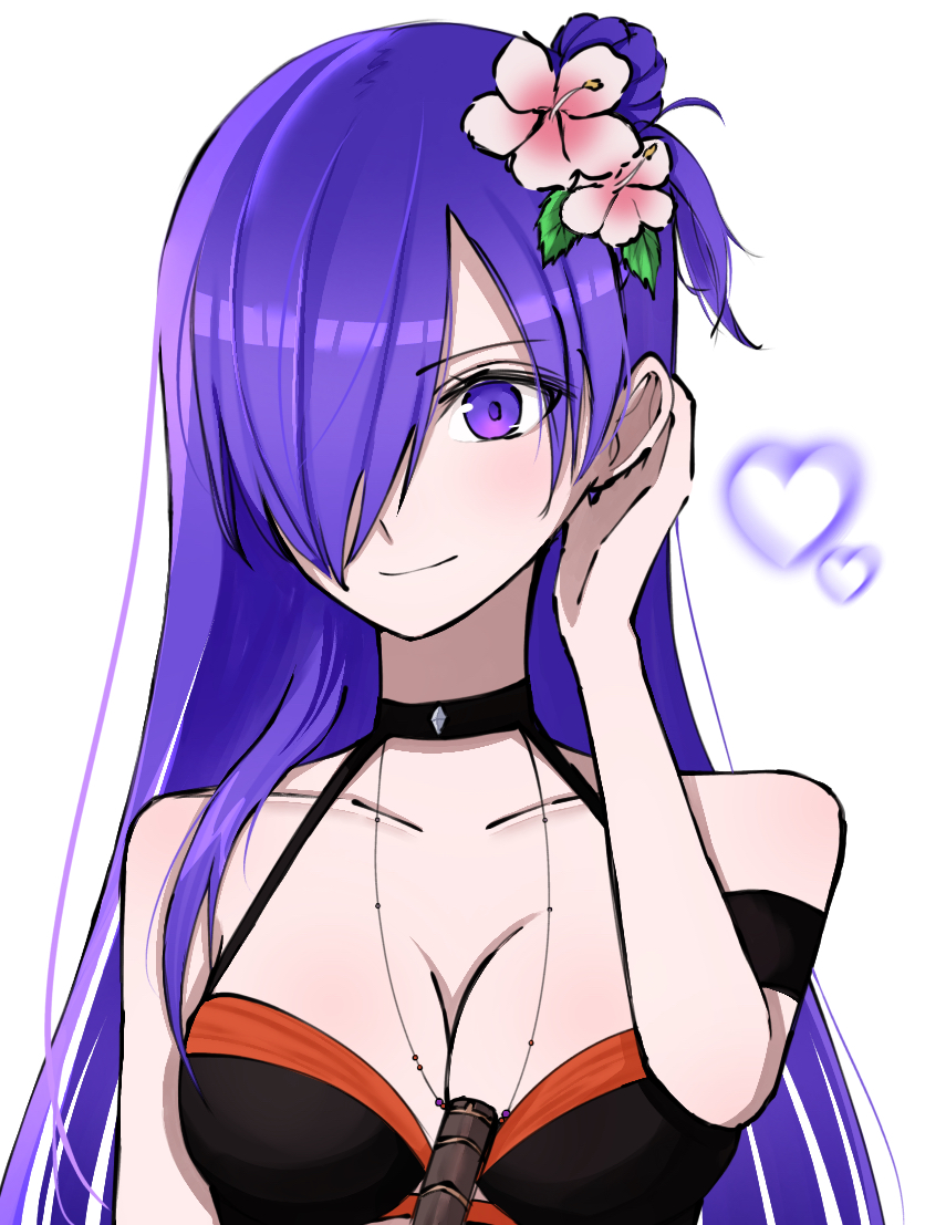 1girl adjusting_hair arururunnnn bare_shoulders bikini black_bikini breasts choker cleavage collarbone female_shez_(fire_emblem) female_shez_(summer)_(fire_emblem) fire_emblem fire_emblem:_three_houses fire_emblem_heroes fire_emblem_warriors:_three_hopes flower hair_flower hair_ornament hair_over_one_eye large_breasts long_hair looking_at_viewer nintendo official_alternate_costume purple_eyes purple_hair smile solo swimsuit