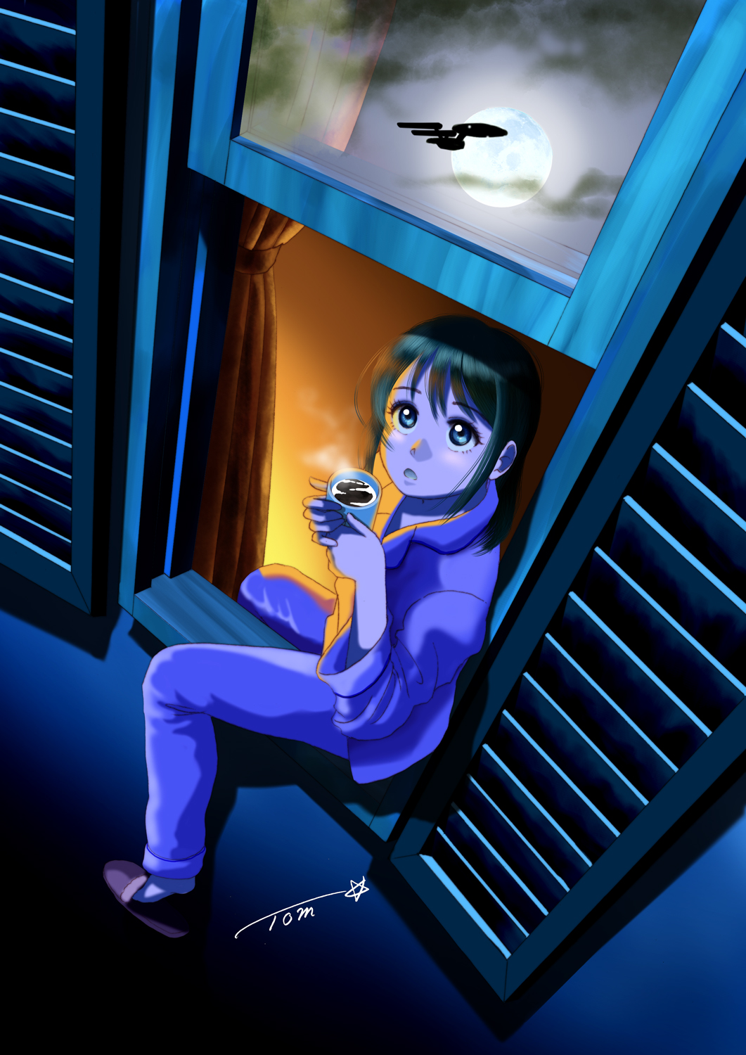 1girl black_hair blue_eyes chutohampa cloud coffee coffee_mug cup curtains full_moon highres looking_up moon mug night on_windowsill open_mouth original pajamas purple_pajamas reflection signature slippers solo star_trek steam uss_enterprise_(star_trek) window window_shutter windowsill