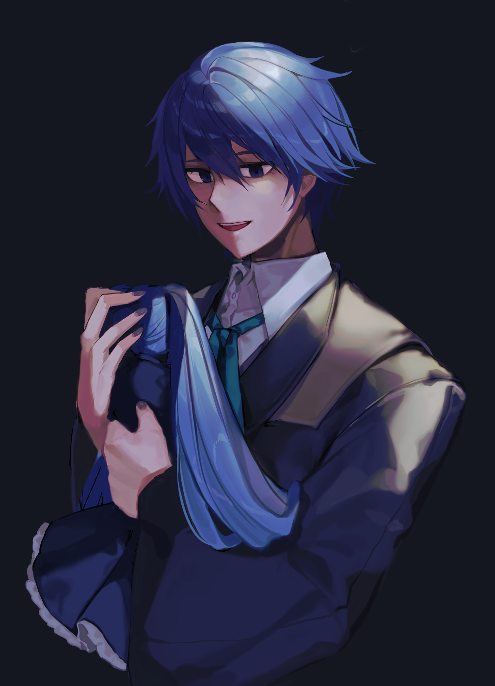 0840 1boy akutoku_no_judgement_(vocaloid) black_background blue_eyes blue_hair clockworker&#039;s_doll doll dress empty_eyes evillious_nendaiki father_and_daughter frilled_dress frills gallerian_marlon hands_up hatsune_miku highres holding holding_doll houtei_no_nushi hugging_doll hugging_object judge kaito_(vocaloid) male_focus nail_polish short_hair smile solo twintails vocaloid