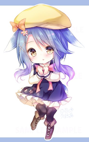 1girl animal_ears azur_lane black_thighhighs blue_dress blue_hair boots brown_boots brown_eyes chibi commentary_request dress female_focus hair_ornament hairclip hat kabocha_usagi knee_boots minazuki_(azur_lane) own_hands_together rabbit_ears short_hair solo standing standing_on_one_leg thighhighs yellow_hat