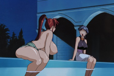 2girls black_hair breasts brown_hair chetrippo clothes fatal_fury huge_breasts long_hair looking_at_viewer lowres medium_hair multiple_girls open_mouth partially_undressed ponytail pool poolside shiranui_mai shorts sitting sulia_gaudeamus surprised third-party_edit water