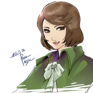 1girl bow brown_eyes brown_hair female_focus lowres metal_gear_(series) metal_gear_solid metal_gear_solid_3:_snake_eater open_mouth para-medic_(mgs3) ribbon smile solo