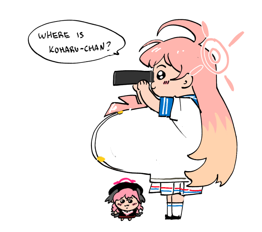 2girls ahoge alternate_breast_size beret binoculars blue_archive breasts english_text gigantic_breasts halo hanako_(blue_archive) hat holding holding_binoculars kinzaibatsu91 koharu_(blue_archive) long_hair meme multiple_girls parody pink_hair school_uniform serafuku simple_background sketch twintails white_background