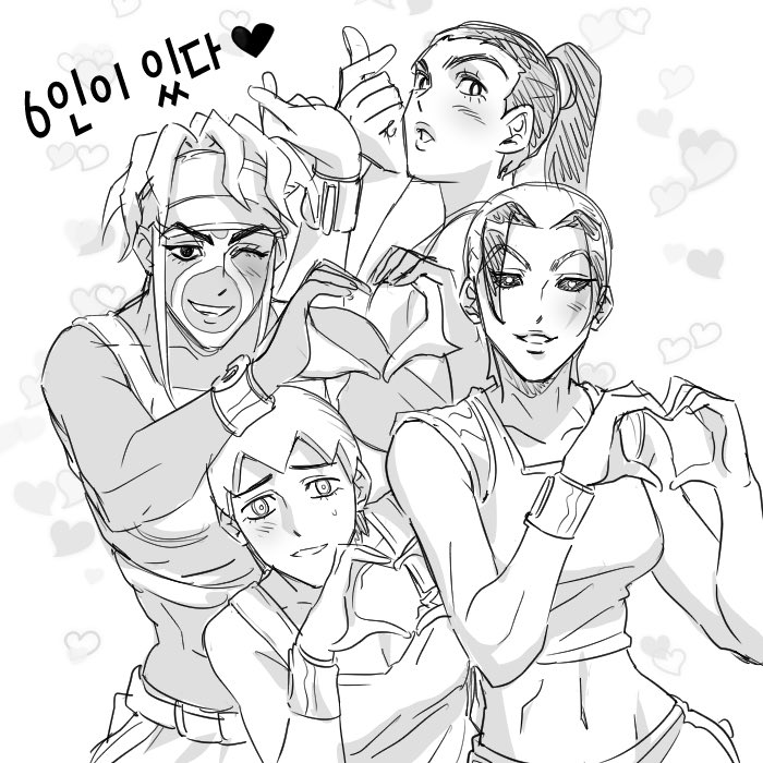 4girls atroe_(jojo) black_sclera breasts cleavage colored_sclera colored_skin commentary_request crop_top dark-skinned_female dark_skin foo_fighters_(jojo) greyscale heart heart_hands jeonjin_(mynamebazin) jojo_no_kimyou_na_bouken korean_commentary korean_text medium_breasts monochrome multicolored_skin multiple_girls overalls ponytail shirt short_hair short_hair_with_long_locks sleeveless sleeveless_shirt small_breasts stone_ocean tank_top translation_request two-tone_skin very_short_hair wristband