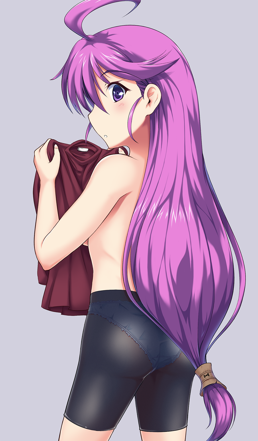 1girl ass bare_arms bike_shorts blush breasts breasts_out commentary_request cowboy_shot dress female_focus from_behind grey_background head_tilt highres holding kentou_kanami long_hair looking_at_viewer looking_back mottio no_bra panties panties_under_bike_shorts pantylines partially_undressed profile purple_eyes purple_hair raised_eyebrows rance_(series) red_dress shirt shorts small_breasts solo standing thighs topless_female underwear very_long_hair