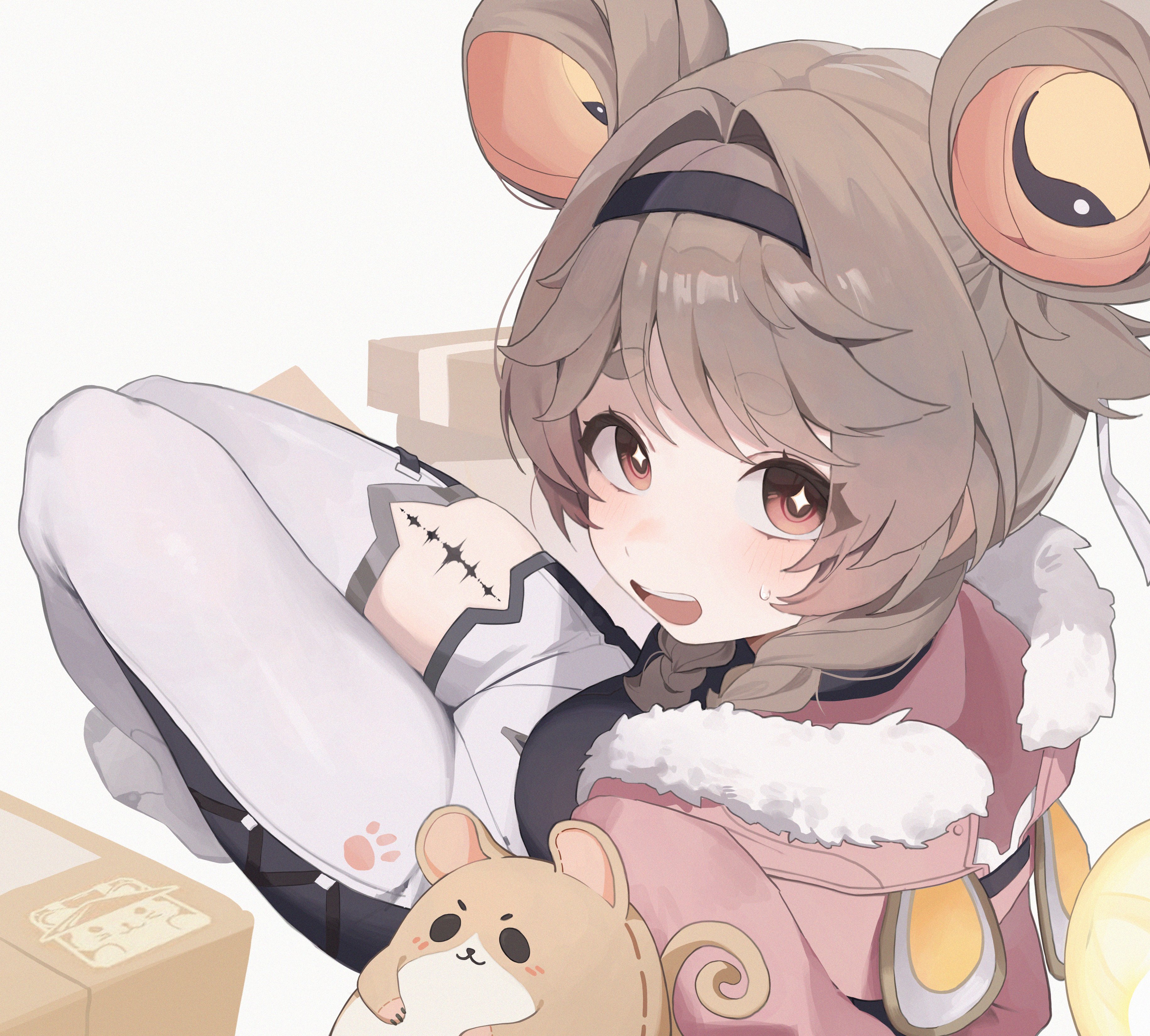 1girl absurdres bodysuit boots braid bright_pupils brown_eyes brown_hair fur-trimmed_jacket fur_trim highres irain_(_irain_) jacket looking_up low_twin_braids lumi_(wuthering_waves) open_mouth paw_print pink_jacket single_leg_bodysuit sitting solo sweatdrop tacet_mark_(wuthering_waves) teeth thick_eyebrows twin_braids upper_teeth_only white_bodysuit white_boots white_pupils wuthering_waves