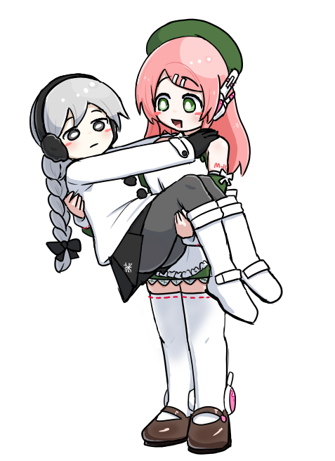 2girls beret black_gloves black_pantyhose black_skirt boots braid braided_ponytail carrying coat detached_sleeves dress earmuffs gloves green_dress hat long_hair momone_momo multiple_girls pantyhose pink_hair princess_carry saruyama_ushirou sekka_yufu skirt thighhighs utau white_coat white_footwear white_hair white_thighhighs