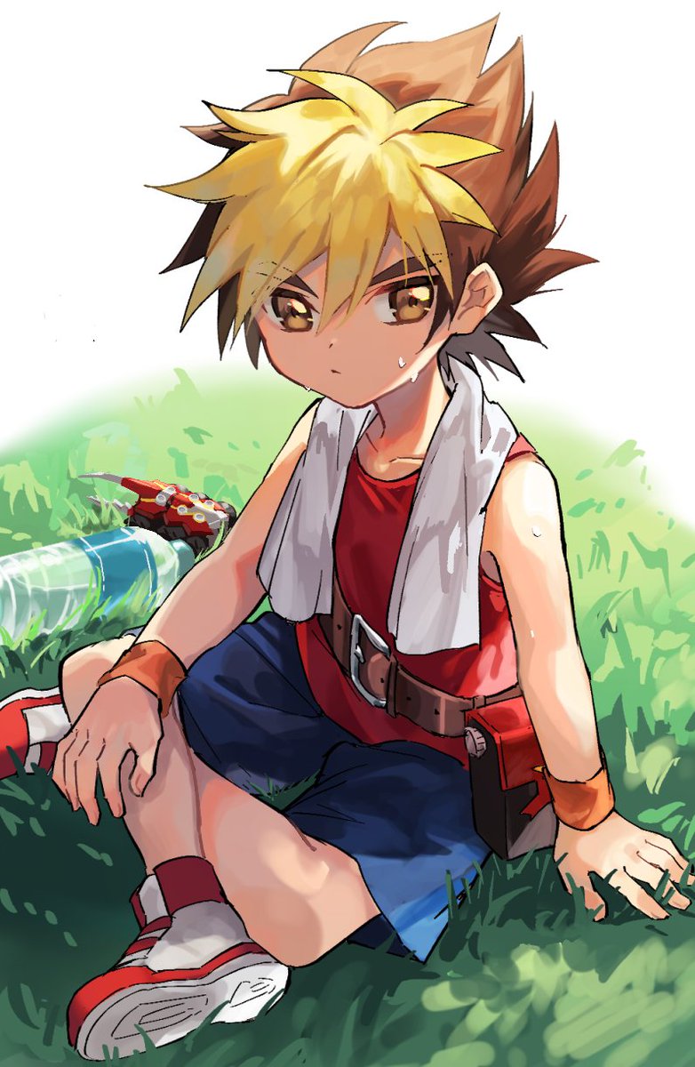 1boy amanogawa_ryuusei belt belt_buckle belt_pouch blonde_hair blue_shorts bottle brown_belt brown_eyes buckle child closed_mouth commentary_request grass hair_between_eyes hercules_beetle highres hot indian_style jinzou_konchuu_kabutoborg_vxv kuroda_(kuro_yyy) looking_to_the_side male_focus multicolored_hair on_grass pouch red_shoes red_tank_top shoes short_hair shorts sideways_glance sitting sneakers solo sweat tank_top tomcat_red_beetle_(kabutoborg) towel towel_around_neck toy toy_car two-tone_hair water water_bottle wristband