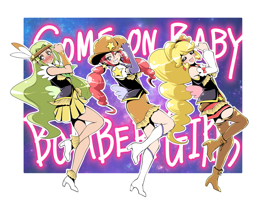 3girls arm_warmers belt black_vest blonde_hair blonde_haired_cure_(bomber_girls_precure)_(happinesscharge_precure!) blue_eyes blue_gloves blue_wings blush boots brown_footwear brown_hat brown_skirt closed_eyes closed_mouth cowboy_western elbow_gloves feathers fingerless_gloves fringe_trim full_body gloves green_eyes green_hair green_wings grey_haired_cure_(bomber_girls_precure)_(happinesscharge_precure!) grin happinesscharge_precure! hat headband knee_boots light_green_hair long_hair looking_at_viewer magical_girl mini_hat multiple_girls neggu_(kojimagen) one_eye_closed pink_wings precure red_hair red_haired_cure_(bomber_girls_precure)_(happinesscharge_precure!) red_skirt shoes skirt smile thigh_boots thighhighs twintails vest white_footwear white_sleeves wings yellow_skirt