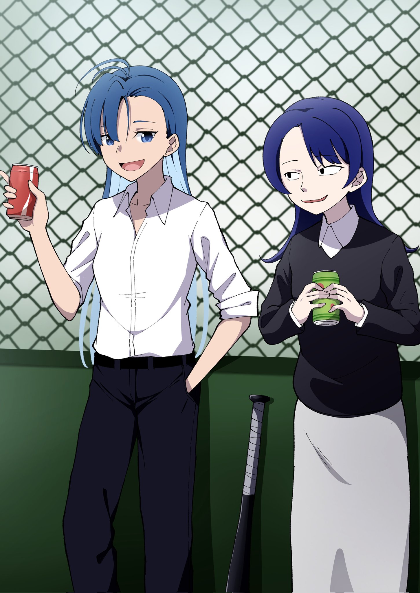2girls ado_(utaite) ahoge asymmetrical_bangs atashi_wa_mondaisaku baseball_bat belt black_belt black_sweater blue_eyes blue_hair blue_pants breasts can chain-link_fence cloud_nine_inc collarbone collared_shirt commentary_request dress_shirt fence grey_skirt hand_in_pocket highres holding holding_can long_hair long_sleeves merry_(ado) multiple_girls nori_(norinori_yrl) open_mouth pants readymade_(ado) shirt short_sleeves skirt small_breasts smile standing sweater tanaka_keiko_(amagami) voice_actor_connection white_shirt