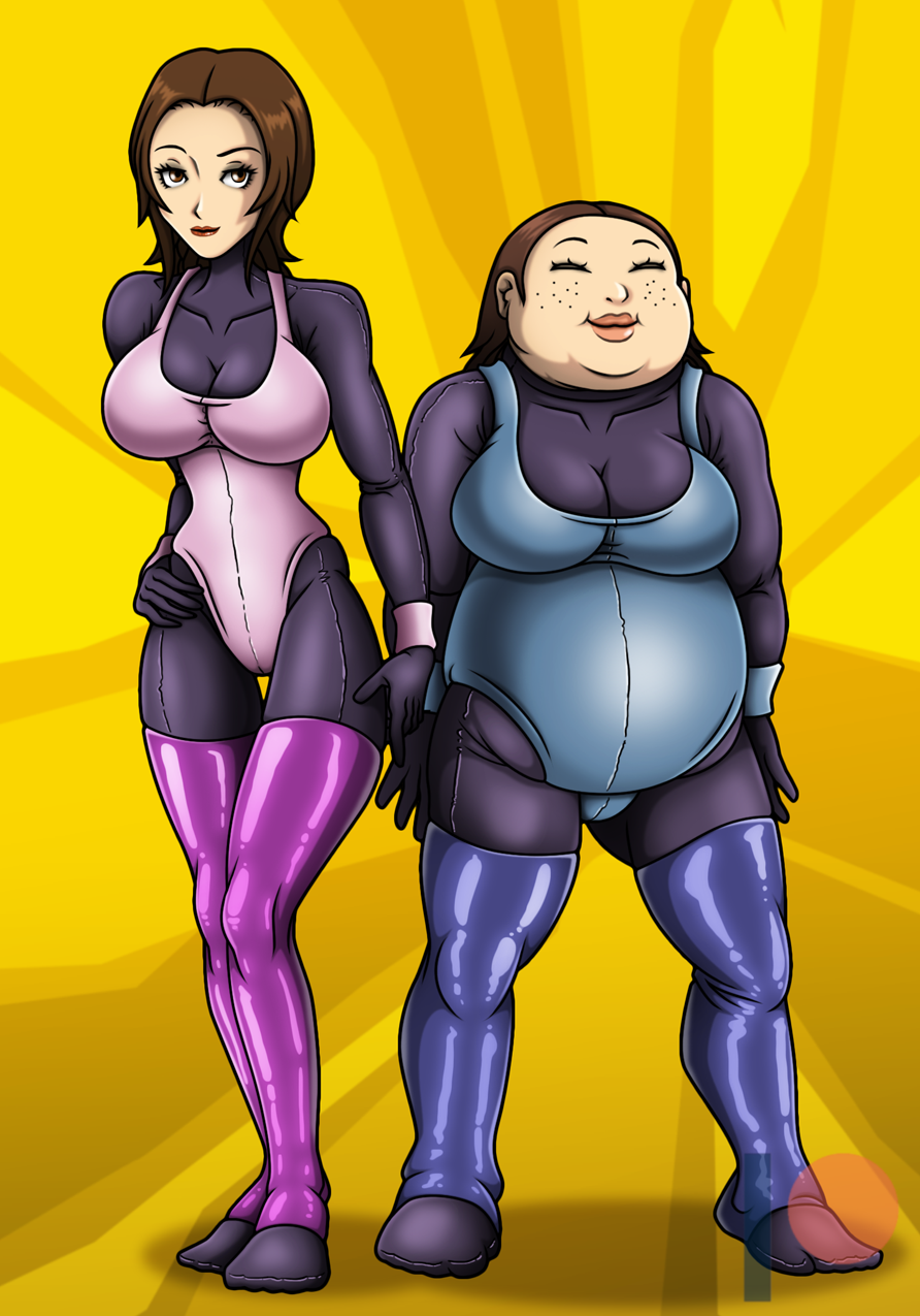 1980s_(style) atlus bodysuit breasts brown_hair highres kashiwagi_noriko leggings leotard looking_at_viewer ohtani_hanako retro_artstyle persona persona_4 re-maker retro_artstyle spandex