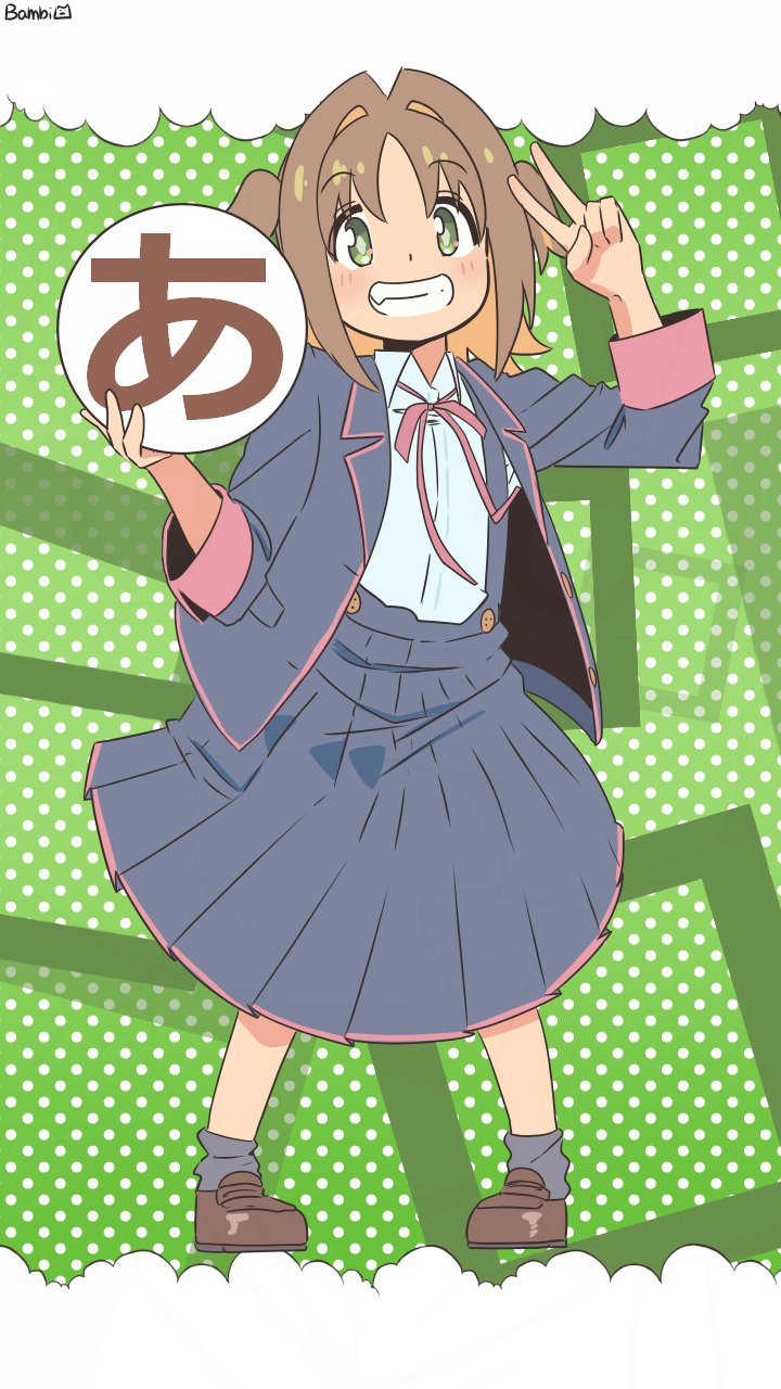 1girl artist_name bambi2000line black_jacket black_skirt brown_hair brown_shoes colored_inner_hair commentary diamond-shaped_pupils diamond_(shape) fang full_body green_background green_eyes grey_socks grin hair_intakes highres jacket loafers long_sleeves looking_at_viewer multicolored_hair neck_ribbon oka_asahi onii-chan_wa_oshimai! open_clothes open_jacket orange_hair pigeon-toed pleated_skirt polka_dot polka_dot_background red_ribbon ribbon school_uniform shirt shoes short_hair simple_background skirt smile socks solo standing suspender_skirt suspenders symbol-shaped_pupils teeth translation_request two-tone_hair two_side_up v white_shirt