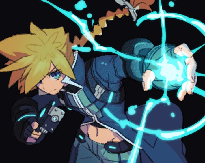 1boy azure_striker_gunvolt azure_striker_gunvolt_1 black_background blonde_hair blue_coat blue_pants braid braided_ponytail coat cowboy_shot electricity gun gunvolt holding holding_gun holding_weapon long_hair male_focus navel pants reiesu_(reis) simple_background solo weapon