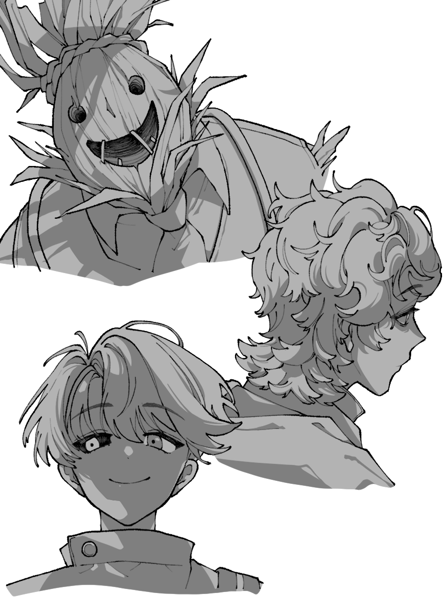 3boys :d click_(reverse:1999) closed_mouth collared_shirt cropped_head curly_hair greyscale highres kaeru_(uj26cobrsv) male_focus mismatched_sclera monochrome multiple_boys necktie open_mouth parted_bangs portrait profile rabies_(reverse:1999) reverse:1999 scarecrow shirt short_hair smile straight-on x_(reverse:1999)