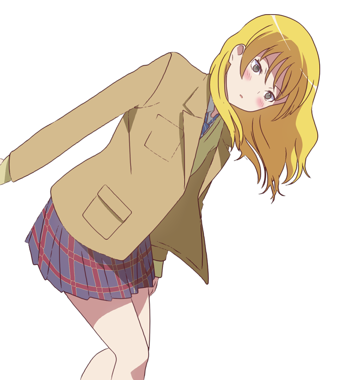 1girl blonde_hair blue_necktie blush brown_jacket cardigan collared_shirt feet_out_of_frame grey_eyes jacket long_hair long_sleeves miniskirt necktie open_clothes open_jacket parted_lips plaid_clothes pleated_skirt saki_(manga) school_uniform shiraitodai_school_uniform shirt simple_background skirt solo standing striped_clothes transparent_background two-tone_skirt vertical-striped_clothes vertical-striped_necktie watanabe_rune white_shirt yellow_cardigan