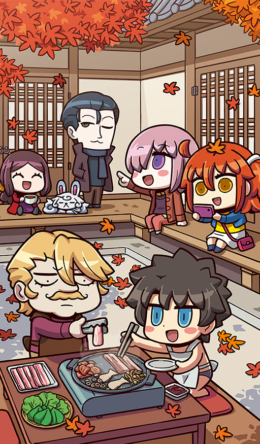 3boys 3girls :3 :d age_difference ahoge apron architecture arm_support autumn autumn_leaves bag black_hair black_shoes blonde_facial_hair blonde_hair blue_eyes blue_jacket blue_scarf blue_shoes blush_stickers brown_apron brown_coat brown_pants cellphone chibi chibi_only chopsticks closed_eyes coat commentary_request cooking creature cup dress drink east_asian_architecture expressionless facial_hair fate/grand_order fate_(series) food food_request fou_(fate) fujimaru_ritsuka_(female) fujimaru_ritsuka_(male) goredolf_musik green_eyes grill grilling hair_between_eyes hair_over_one_eye hair_slicked_back hands_in_pockets holding holding_chopsticks holding_cup holding_phone holding_plate holding_tongs jacket korean_commentary leaf leaf_on_head leonardo_da_vinci_(fate) leonardo_da_vinci_(fate/grand_order) leonardo_da_vinci_(rider)_(fate) long_sleeves looking_at_phone male_underwear mash_kyrielight meat medium_hair multiple_boys multiple_girls mustache nearly_naked_apron novum_chaldea official_alternate_costume official_art one_eye_closed one_eye_covered one_side_up open_clothes open_coat open_jacket open_mouth orange_coat orange_hair outdoors pants parted_bangs phone pink_hair plate pointing purple_dress purple_eyes purple_sweater red_bag red_jacket red_pants red_shirt riyo_(lyomsnpmp) scarf scrunchie sherlock_holmes_(fate) shirt shoes short_hair shoulder_bag sideburns sidelocks sitting skirt smartphone smile standing sweater third-party_source tongs underwear white_apron white_scrunchie white_skirt yellow_shirt