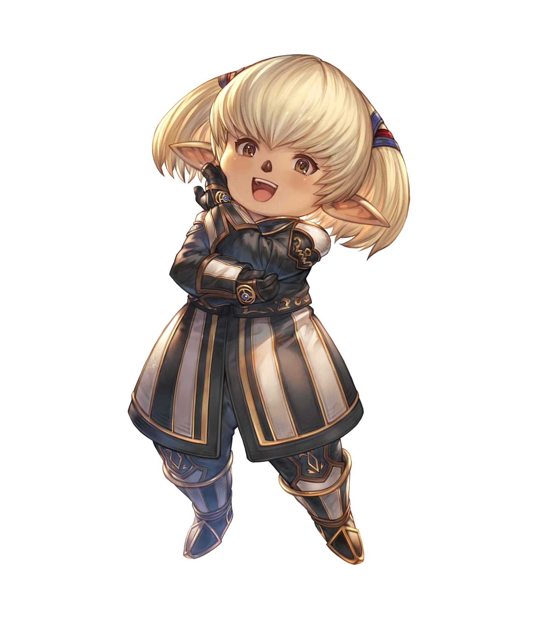 1girl :d artist_request black_gloves blonde_hair brown_eyes final_fantasy final_fantasy_xi full_body gloves granblue_fantasy hand_on_own_elbow highres legs_apart long_sleeves official_art ojou-sama_pose open_mouth pointy_ears second-party_source shantotto short_hair smile solo standing tarutaru teeth transparent_background twintails upper_teeth_only