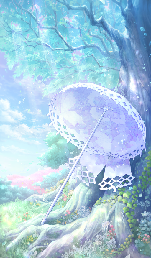 blue_sky cloud commentary dandelion dappled_sunlight fate/grand_order fate_(series) flower flower_request grass leaf light_rays nature no_humans object_focus official_art outdoors parasol pastel_colors plant plant_roots red_flower sakumamitsuro sky still_life sunbeam sunlight third-party_source tree umbrella vines white_flower white_umbrella yellow_flower
