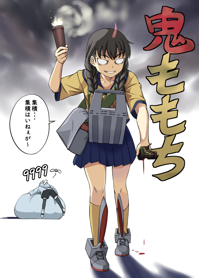 2girls abyssal_ship bag black_hair black_shorts blood blue_skirt braid commentary_request crossed_bandaids damage_numbers grin holding horns japanese_clothes kantai_collection landing_gear landing_ship_no._101_(kancolle) long_hair monsuu_(hoffman) multiple_girls pleated_skirt sailor_collar school_uniform serafuku shoes shorts simple_background single_horn skirt smile smoke socks speech_bubble supply_depot_princess_e_vacation_mode supply_depot_summer_princess translation_request twin_braids