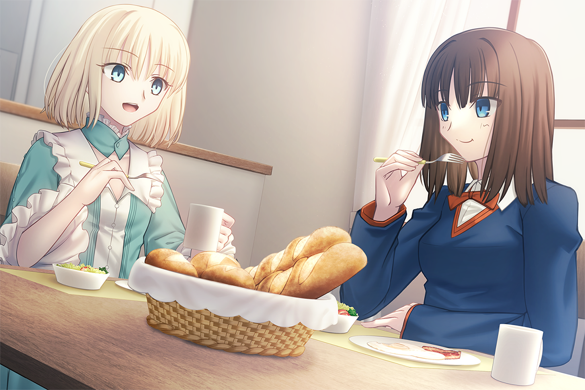 2girls aqua_dress baguette basket blonde_hair blue_eyes blue_sweater blush bread breasts brown_hair detached_collar dress eating fate/prototype fate_(series) food fork long_sleeves medium_breasts multiple_girls open_mouth plate sajou_ayaka_(fate/prototype) sajou_manaka shoori_(migiha) short_hair siblings sisters small_breasts smile sweater