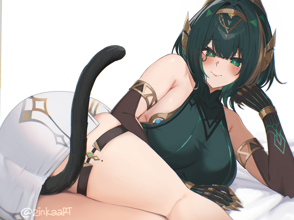 1girl arm_support ass black_gloves blush breasts cat_tail claws closed_mouth elbow_gloves eye_tattoo genshin_impact gloves green_hair green_shirt head_rest large_breasts looking_at_viewer lying mole mole_under_eye nefer_(genshin_impact) on_bed on_side pencil_skirt shirt short_hair skirt sleeveless sleeveless_shirt smile solo symbol-shaped_pupils tail tattoo triangle-shaped_pupils white_background white_skirt zinkaa