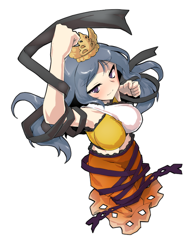 1girl arm_up black_ribbon blue_hair breasts chirizuka_ubame clenched_hand crown dairi double-parted_bangs dress flustered fossilized_wonders frilled_skirt frills from_above full_body headpiece long_hair midriff_peek multicolored_dress nipples orange_skirt outstretched_arm pout purple_eyes purple_ribbon ribbon skirt smile smirk solo sparkling_eyes surprised tachi-e touhou