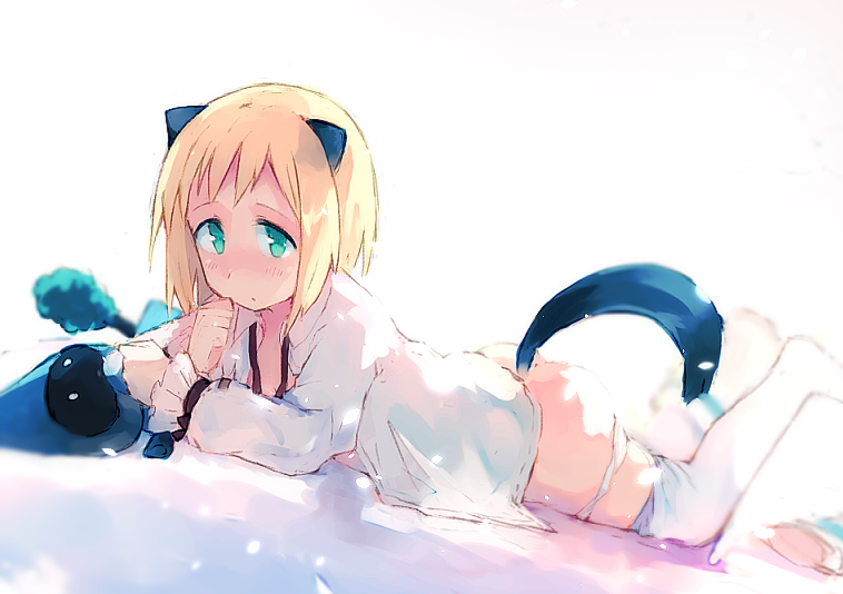 1girl animal_ears ass bed blonde_hair elma_leivonen female_focus green_eyes looking_at_viewer lying ohashi_(hashidate) open_clothes open_shirt panties panty_pull shirt short_hair solo strike_witches strike_witches:_suomus_misfits_squadron tail thighhighs underwear white_thighhighs world_witches_series