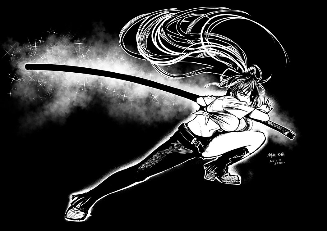 1girl asymmetrical_clothes boots breasts commentary_request cowboy_boots dated fighting_stance full_body greyscale hair_ribbon holding holding_weapon kanzaki_kaori katana large_breasts long_hair midriff monochrome navel nogi_yasuhito ootachi ponytail ready_to_draw ribbon shichiten_shichitou shirt signature simple_background single_pantsleg solo sword tied_shirt toaru_majutsu_no_index very_long_hair weapon
