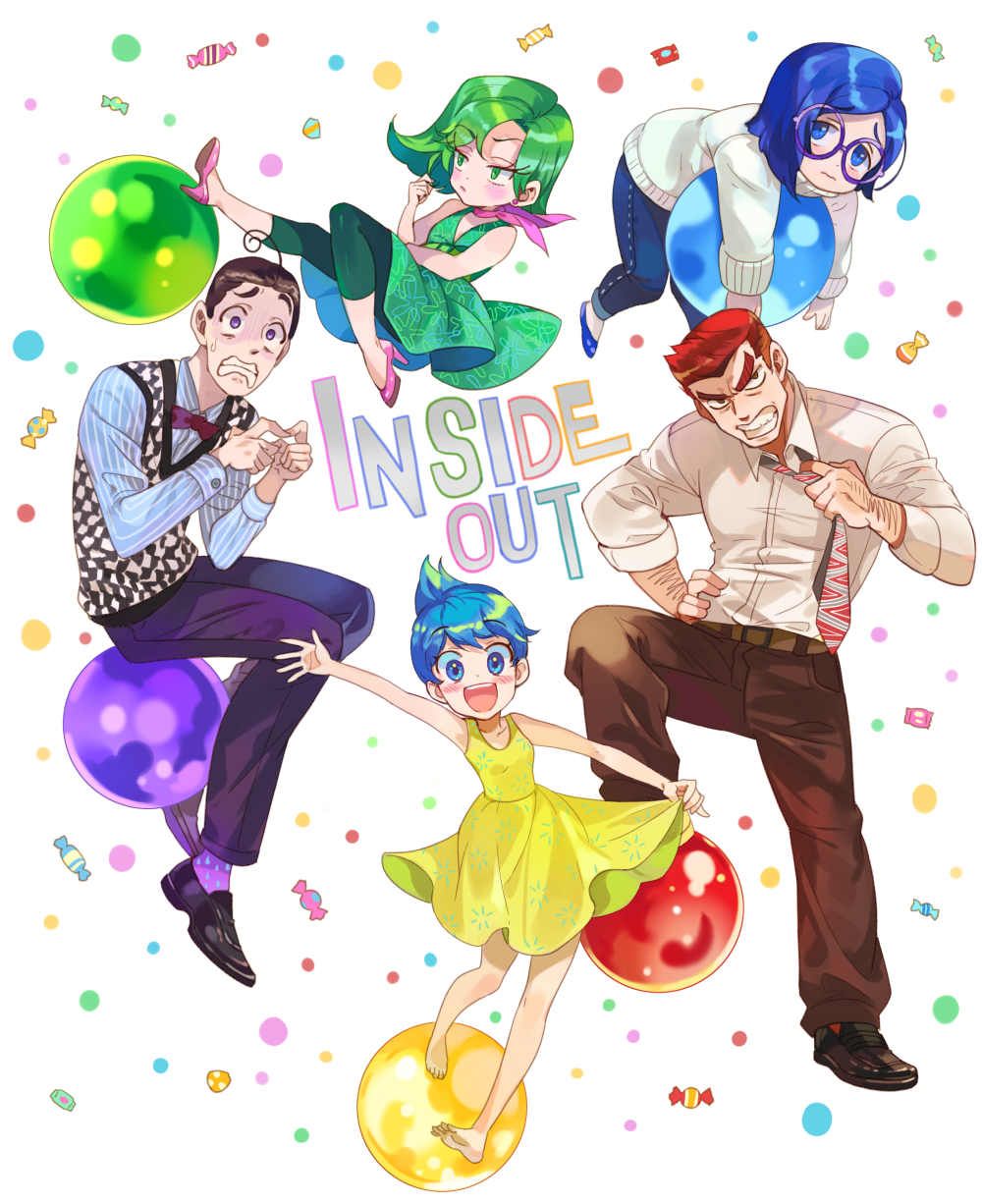 2boys 3girls :d ahoge anger_(inside_out) angry annoyed barefoot black_footwear blue_eyes blue_footwear blue_pants blush_stickers bow bowtie breasts brown_footwear brown_hair brown_pants candy checkered_sweater_vest clenched_teeth closed_mouth collared_shirt commentary copyright_name disgust_(inside_out) dots dress fear_(inside_out) food glasses green_dress green_leggings highres inside_out inzup joy_(inside_out) leaning_back leaning_forward leggings looking_at_viewer looking_to_the_side medium_breasts medium_hair multiple_boys multiple_girls muscular muscular_male necktie open_mouth orb pants personification pink_scarf pink_shoes pixie_cut polka_dot polka_dot_socks purple_eyes purple_pants red_bow red_bowtie red_hair sadness_(inside_out) scared scarf shirt shoes short_hair smile socks striped_clothes striped_shirt sweater teeth upper_teeth_only vertical-striped_clothes vertical-striped_shirt white_background white_shirt yellow_dress