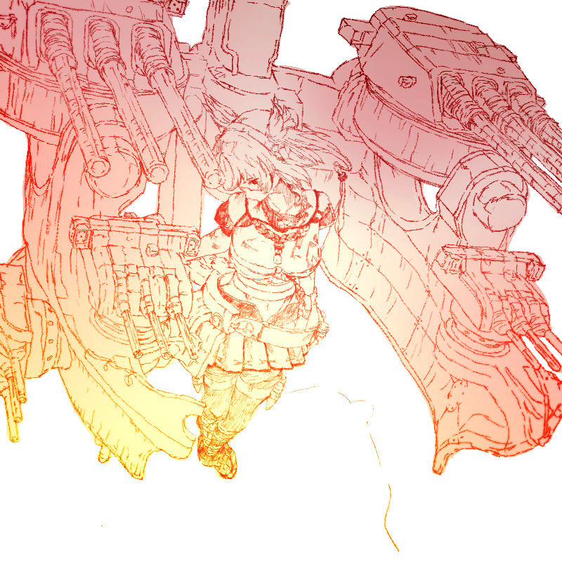 10s 1girl cannon female_focus from_above glasses gradient_filter gurin33 kantai_collection looking_at_viewer mecha_musume monochrome musashi_(kancolle) navel sarashi ship_turret simple_background sketch solo thighhighs white_background zettai_ryouiki