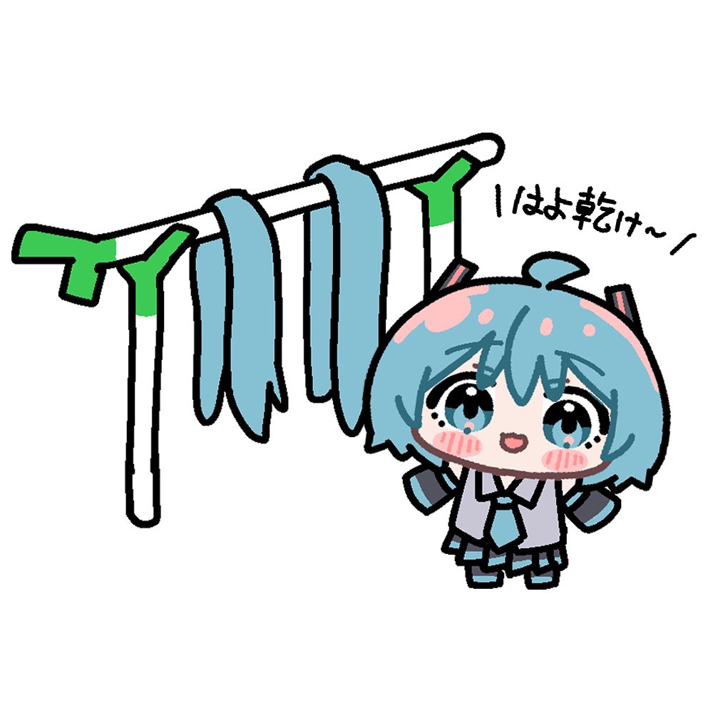 1girl ahoge aqua_eyes aqua_hair aqua_necktie blush chibi chibi_only detached_sleeves fake_hair grey_shirt hashtag-only_commentary hatsune_miku looking_at_viewer necktie pleated_skirt shirt simple_background skirt solo spring_onion translation_request vocaloid white_background yukkuri_yuduki